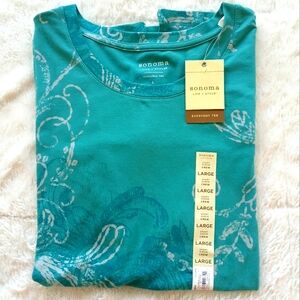 NWT Sonoma Life & Style Everyday Tee, sz L, turquoise, white & blue design